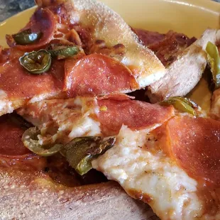 two slices of pizza on a yellow plate