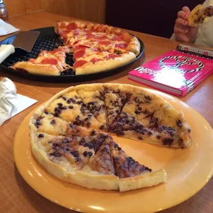 Pepperoni stuffed crust pizza and chocolate chip dessert pizza