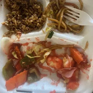 Sweet and sour chicken fried rice and chow mein