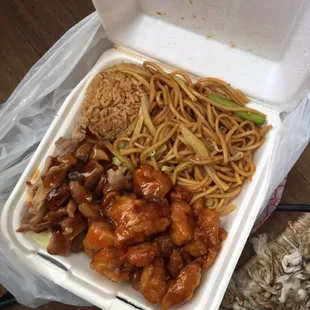Orange chicken , fried rice , noodles , teriyaki chicken