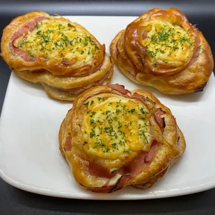 "Ham N Cheddar rolls" Ham and cheddar fresh baked rolls, topped w/mayo &amp; chives