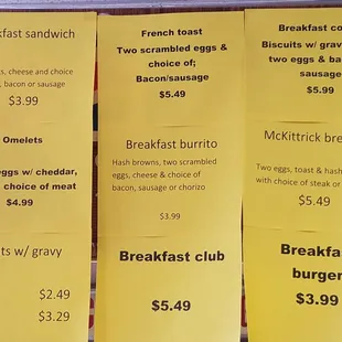 breakfast menus and prices