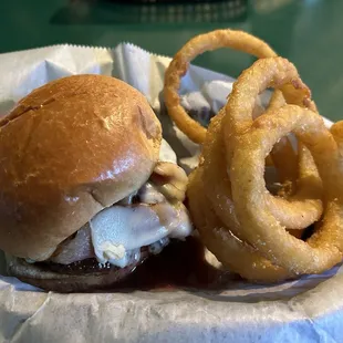 McNasty burger with cheddar and bacon with onions. They went to white cheddar I guess so thats why its not the typical orange color lol