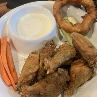 Spicy Dill Pickle wings (onion ring was from my cousins meal)