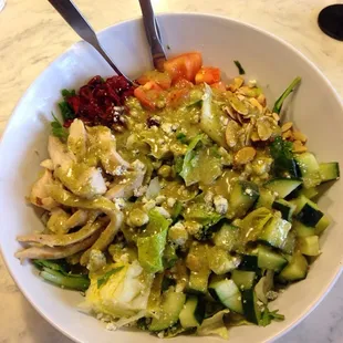 Savannah chopped salad.  Beautiful.   My own dressing from home.