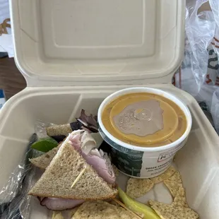 My to-go club sandwich with tortilla soup!