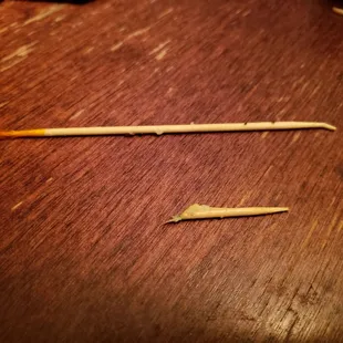 Top is the toothpick I removed from my sandwich, bottom is a random broken toothpick I almost choked on!