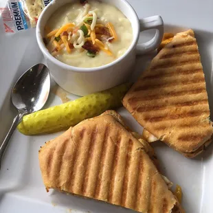 Sweet chipotle chicken sandwich with country potato soup. Very filling!