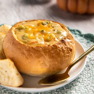 a soup in a bread bowl