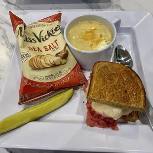 Choose 2 with Broccoli Cheddar soup and a Reuben. Chips are an extra side.