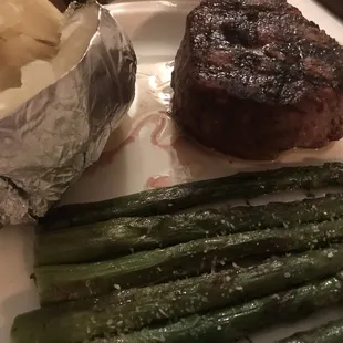 Filet, grilled asparagus and baked potato