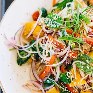 Asian Noodle Bowl: vermicelli noodles, peppers, cherry tomatoes, orange segments, roasted peanuts, cilantro, mint, red