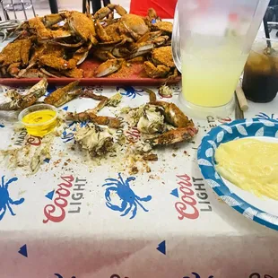 a table full of crab legs