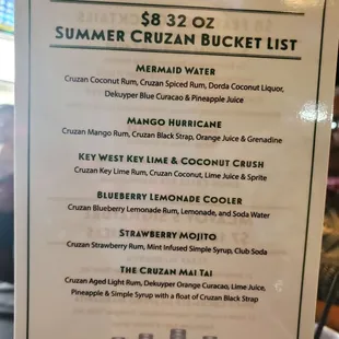 a menu for the summer cran bucket list