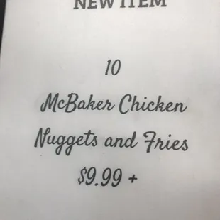 McBaker Chicken Nuggets/Fries $9.99