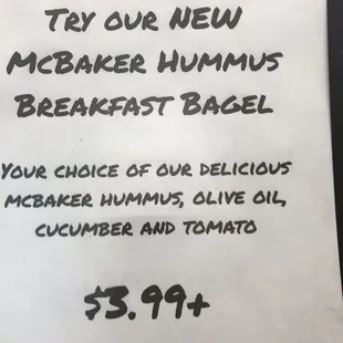 Hummus Breakfast Bagel $3.99