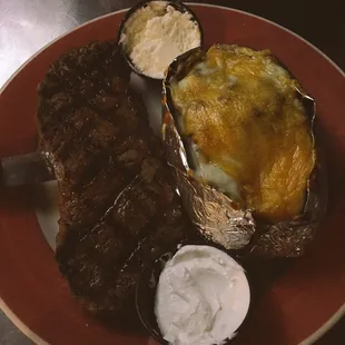 Our delicious steak dinner! Wednesday&apos;s $12 NY Strip Steak dinner with baked potato and salad!