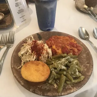 Chicken salad, green beans, McCarty's tomatoes, cornbread. Yum!