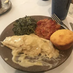 Crepe, spinach, McCarty's tomatoes, cornbread.