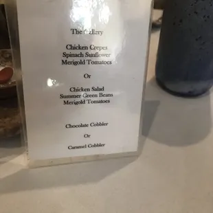 Today's menu. Save room for dessert. Killer good!!