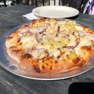 BBQ Chicken pizza! Perfectly cooked, ample white meat chicken, a real treat!