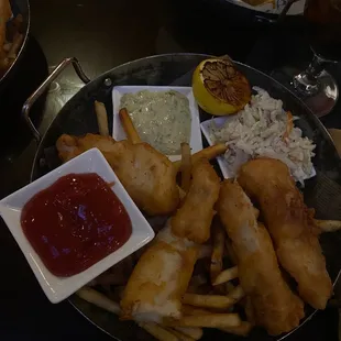 Fish and Chips with tartar sauce and coleslaw