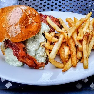 Black and Bleu Burger with double bacon. $15