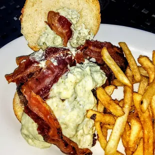 Black and Bleu Burger with double bacon. $15