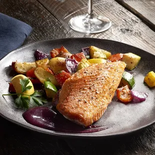 Cedar Salmon with a vegetable medley