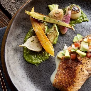 Blackened Salmon with Chef&apos;s Garden Veggies and Salsa Verde