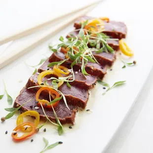 Seared Bigeye Ahi Tuna flown in fresh daily from the Honolulu Fish Auction