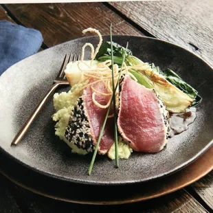 Flown in every day from the Honolulu Fish Auction - Hawaiian Seared Ahi Tuna (sustainably sourced through longline fishing).