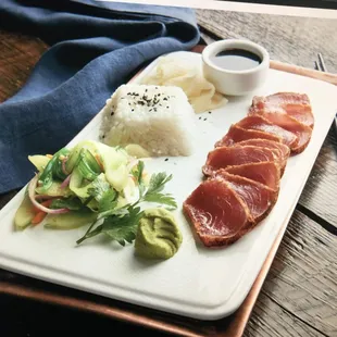 Flown in daily from the Honolulu Fish Auction - Hawaiian Seared Ahi Tuna (sustainable sourced through longline fishing).