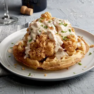 Weekend Brunch - Chicken and Waffles - pork belly green apple waffle, sausage gravy, honey butter