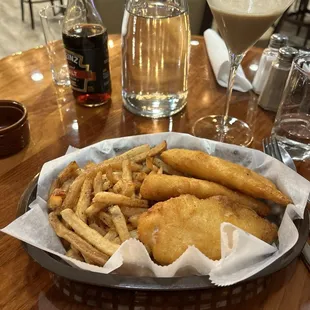 Fish and chips with vinegar and tartar sauce