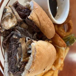 French Dip with Fries and Rings.