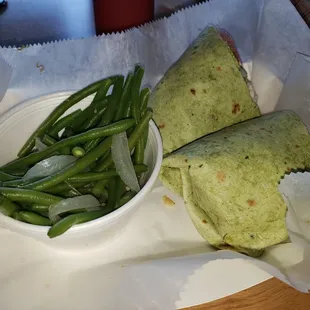 Grape Walnut Chicken Salad Wrap with a Spinach and Herb wrap and a side of green beans. Highly recommended!