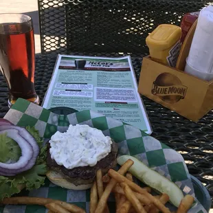 Garage Burger with beer batter fries &amp; short Newcastle Dark Ale ...