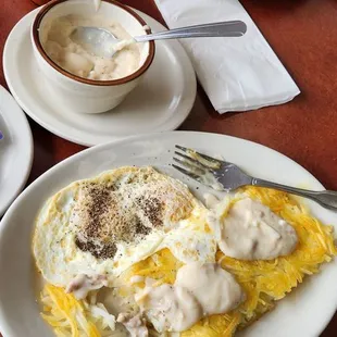 2 eggs  hash browns  biscuits and county gravy
