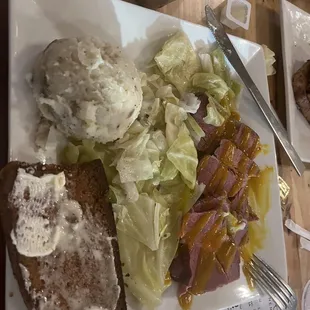 Corned Beef and Cabbage with Mashed Potatoes and Grilled Soda Bread