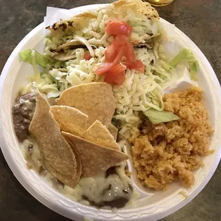 3 taco plate with beans and rice