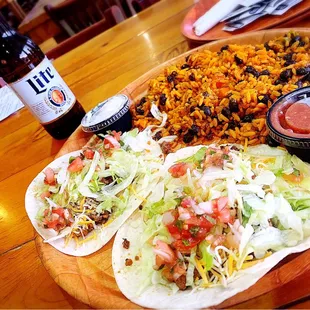 Beef tacos with rice and beans