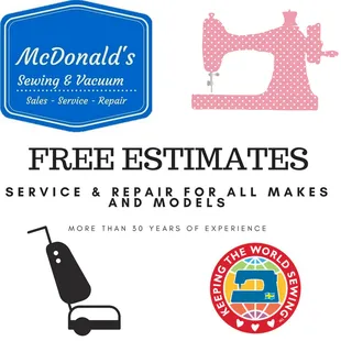 Service for all makes and models of Sewing Machines and Vacuums.  Always FREE Estimates