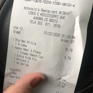 a receipt for a restaurant