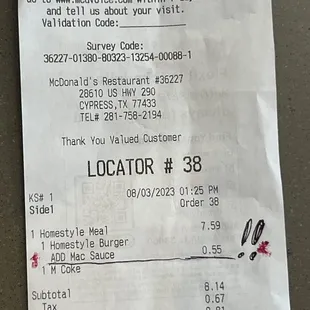 the receipt for the restaurant