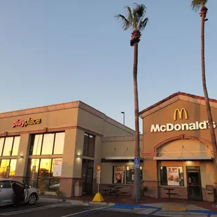 two palm trees in front of a mcdonald's