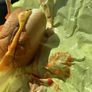 A double cheeseburger and ketchup and onions