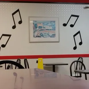 Musical notes on wall, no music playing. Oxymoron