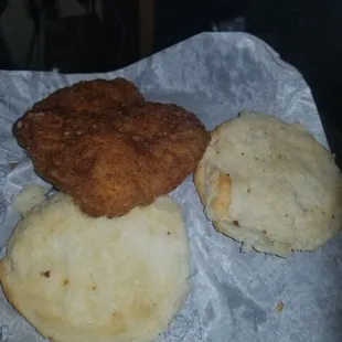 Chicken &amp; bacon biscuit with honey sauce. But apparently hold the bacon and sauce. Who told then to do that? I sure as hell didn't.