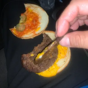 a person eating a hamburger sandwich